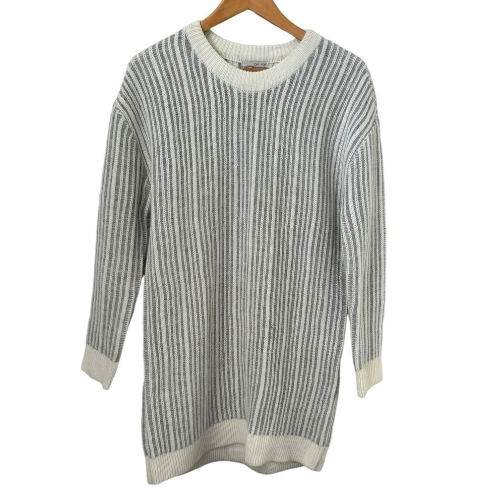 Oak + Fort Angora Wool Blend Sweater Dress Tunic Cream Grey Stripe Size Medium